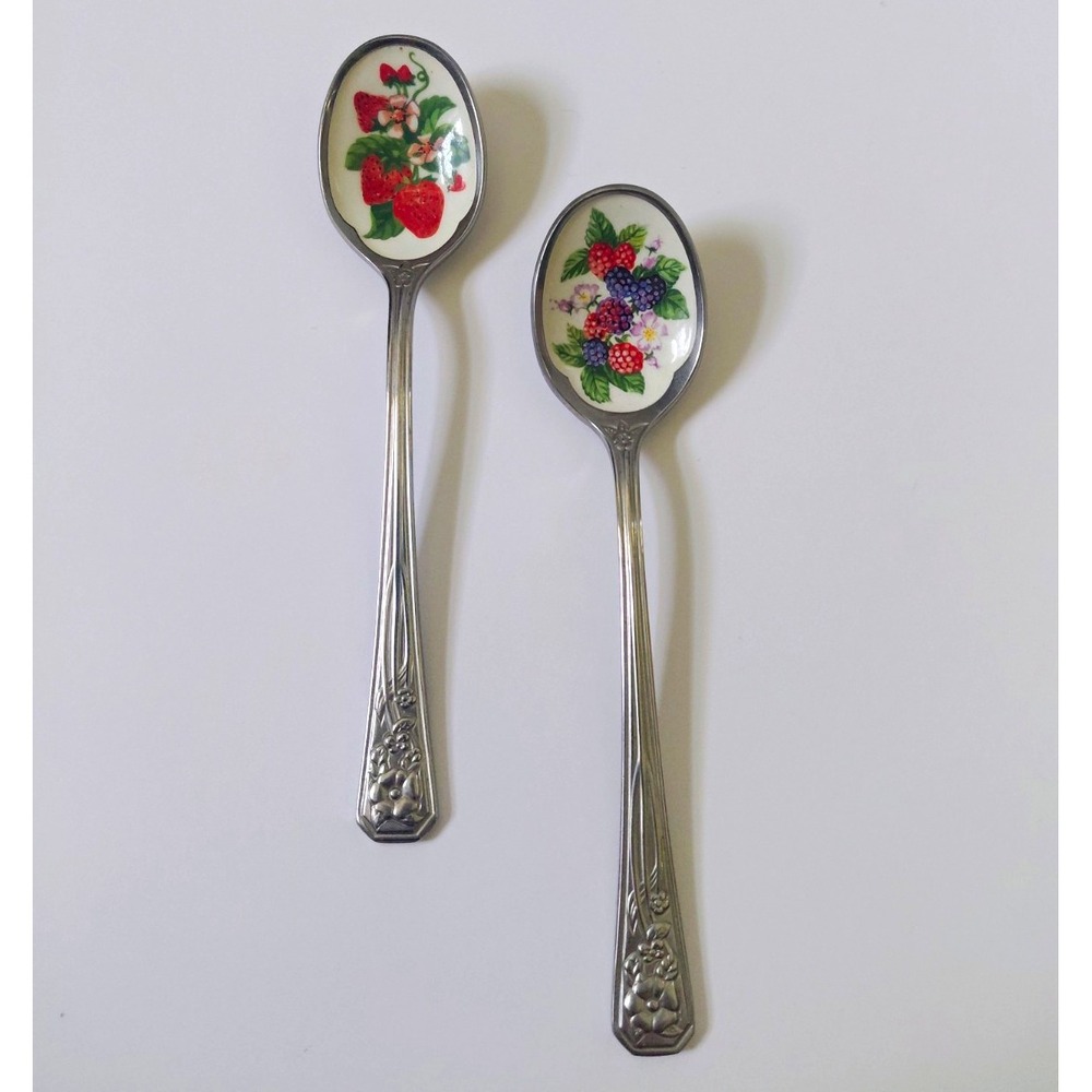 Vintage Avon Fruit Enamel Souvenir Spoons Set of 2 Stainless Steel Japan